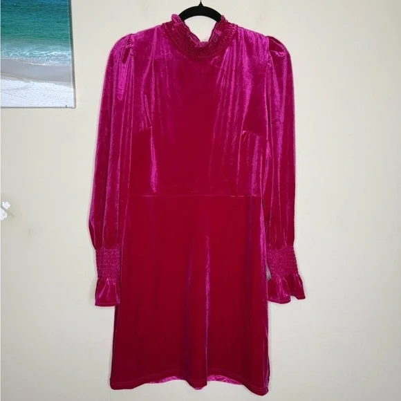 Velvet velour hot pink fuschia fitted long sleeve mini dress - Picture 2 of 6